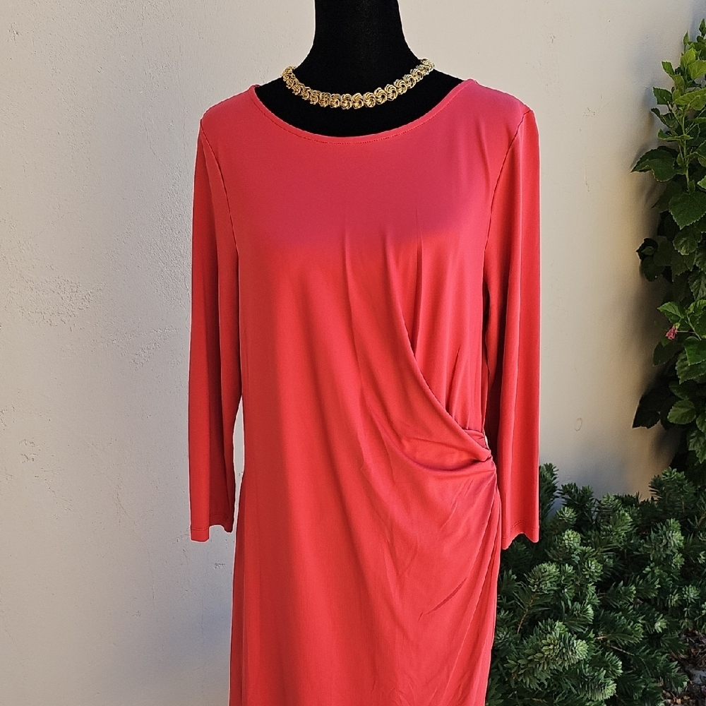 Talbots shrimp/coral color form fitting long sleeved shirred dress size large